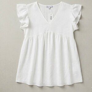 NWT Culture Code Womens Small White Flutter Sleeve V-Neck Babydoll Top